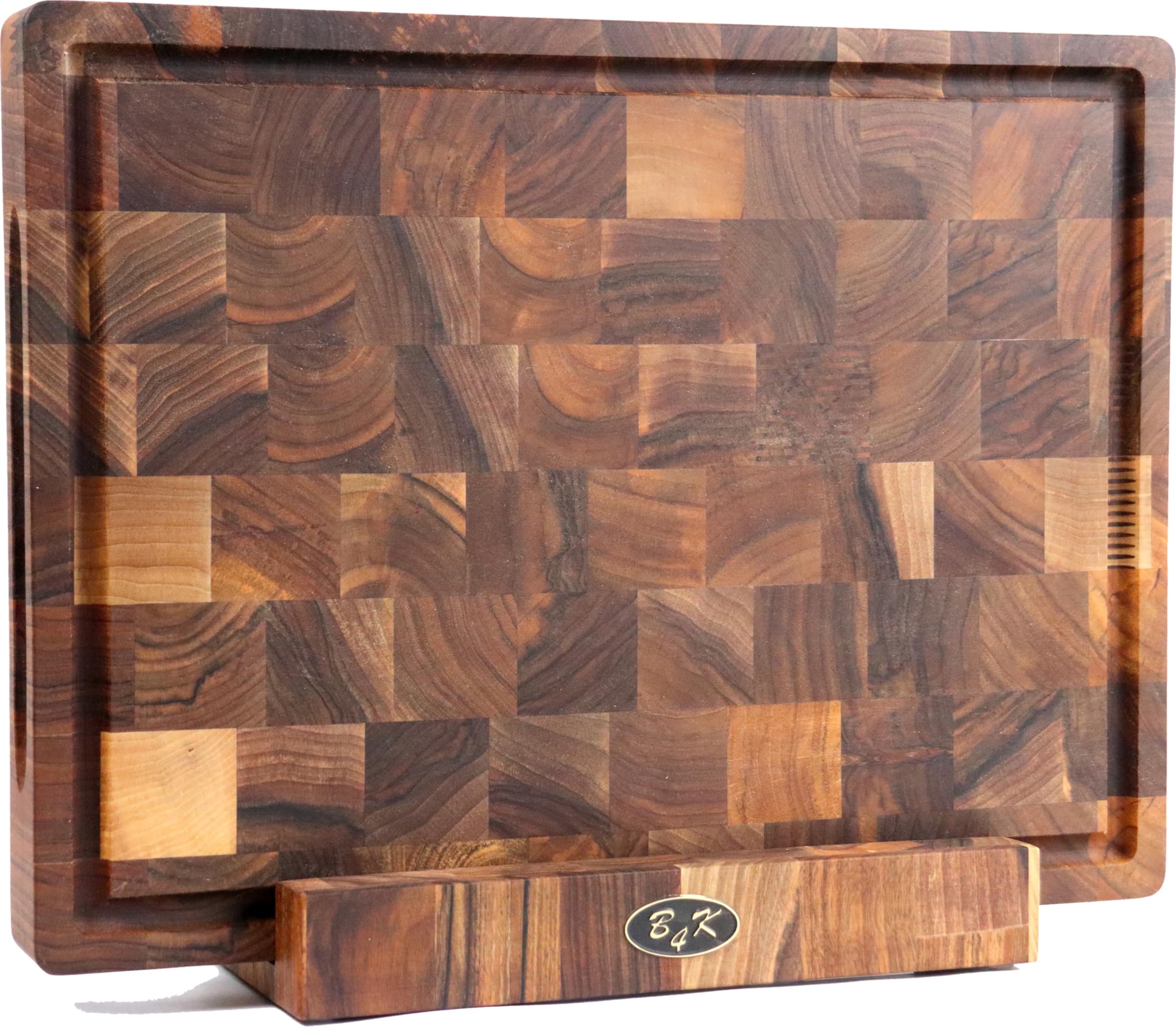 B4K Billot de Cuisine en Bois de Bout avec Support en Noyer Massif – Planche à Découper Antibactérienne Premium avec Rigole à Jus et Pieds Antidérapants (40L x 30l cm)