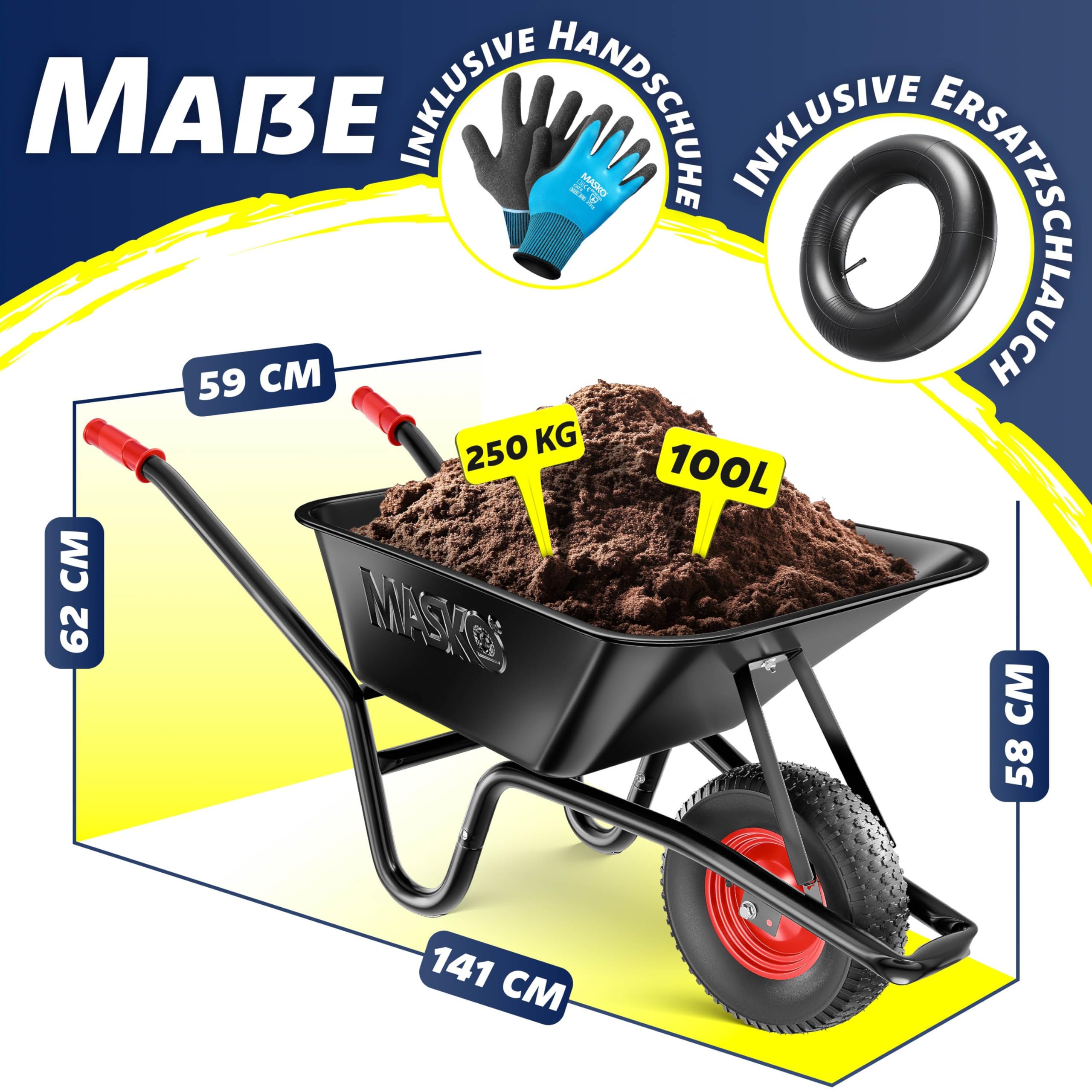 MASKO® Schubkarre Bauschubkarre Gartenschubkarre 100 Liter 250kg Luftreifen mit Stahlfelge + Ersatzschlauch Schubkarrenschlauch, verzinkt Stahlrahmen Garten Karre Schiebkarre Transportkarre Handschuhe