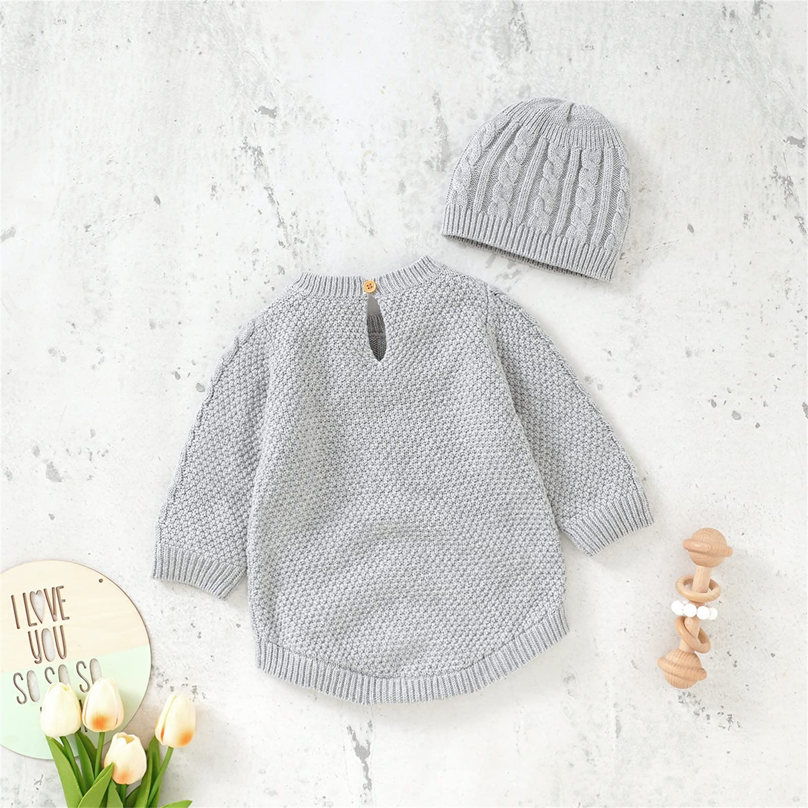 Infant Baby Girl Boy Sweater Romper Newborn Cable Knitted Outfits Long Sleeve Bodysuit with Cap Warm (Grey, 3-6 Months)