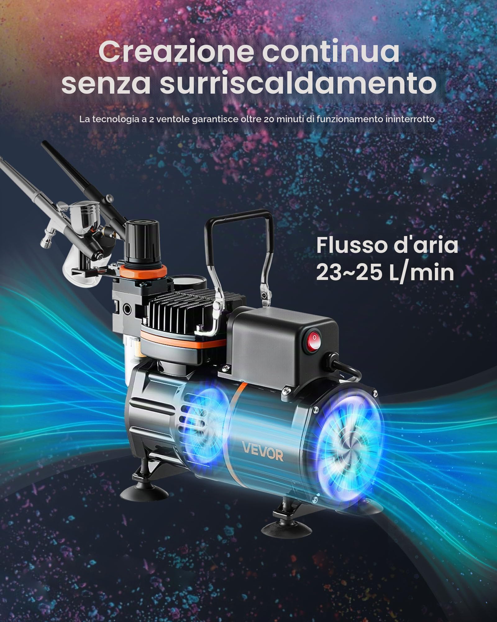 VEVOR Set Aerografo con Compressore d'Aria 1/6 HP, Spruzzatori a Doppia Azione con 3 Ugelli Tubo Flessibile Vernice Acrilica Ventole, Kit Aerografo per Decorazione di Pittura, Modelli