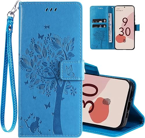 Miniatura 8 de PAOBIR Funda para Google Pixel 7A, funda tipo cartera para Google Pixel 7A, funda con tapa de piel sintética en relieve, árbol del amor, gato,