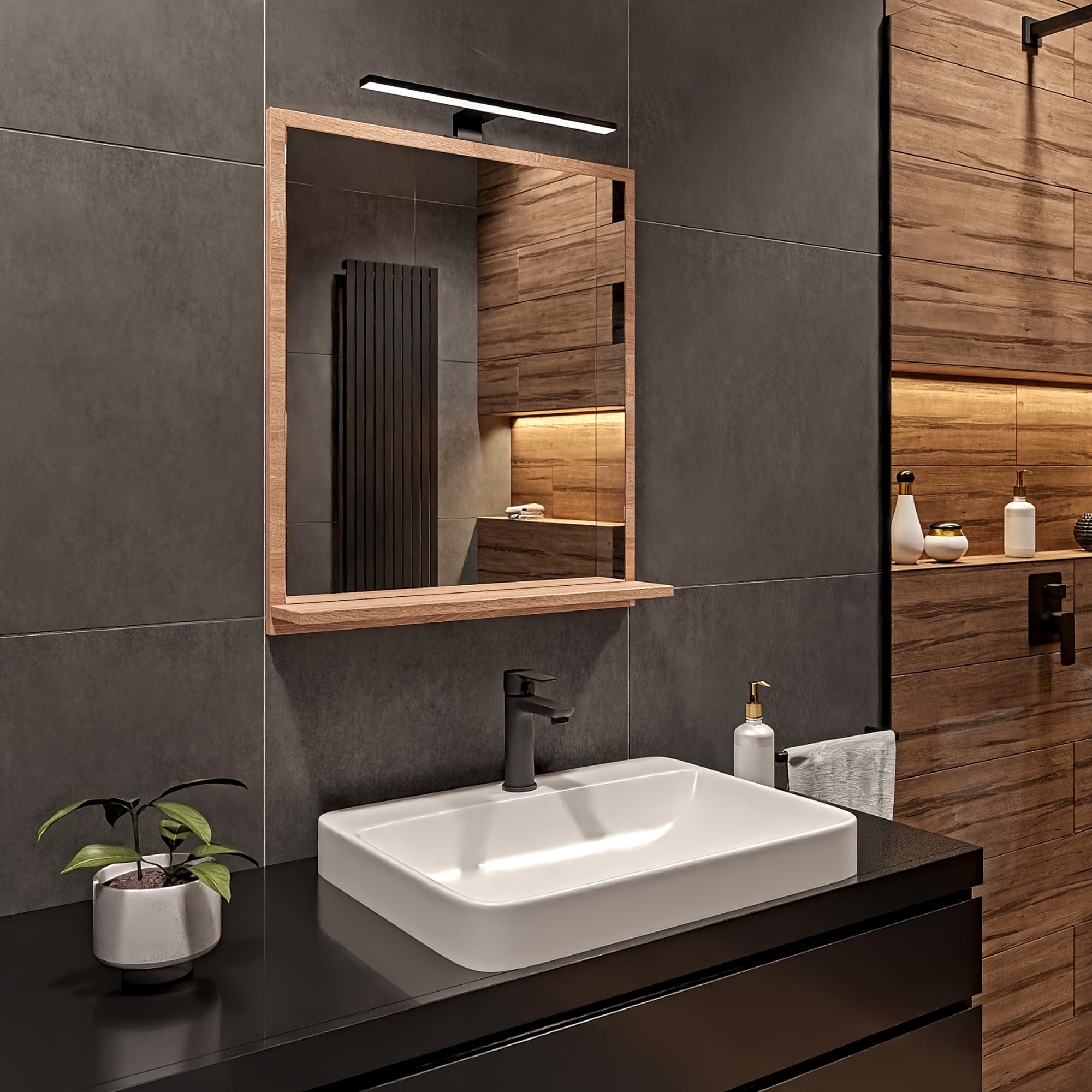 Miroir de Salle de Bain LED Sonoma avec Étagère – 60x70 cm – Éclairage 4000K IP44 – Miroir Rectangulaire Mural Moderne avec Boîtier LED Noir – Miroir avec Rangement pour Salle de Bain