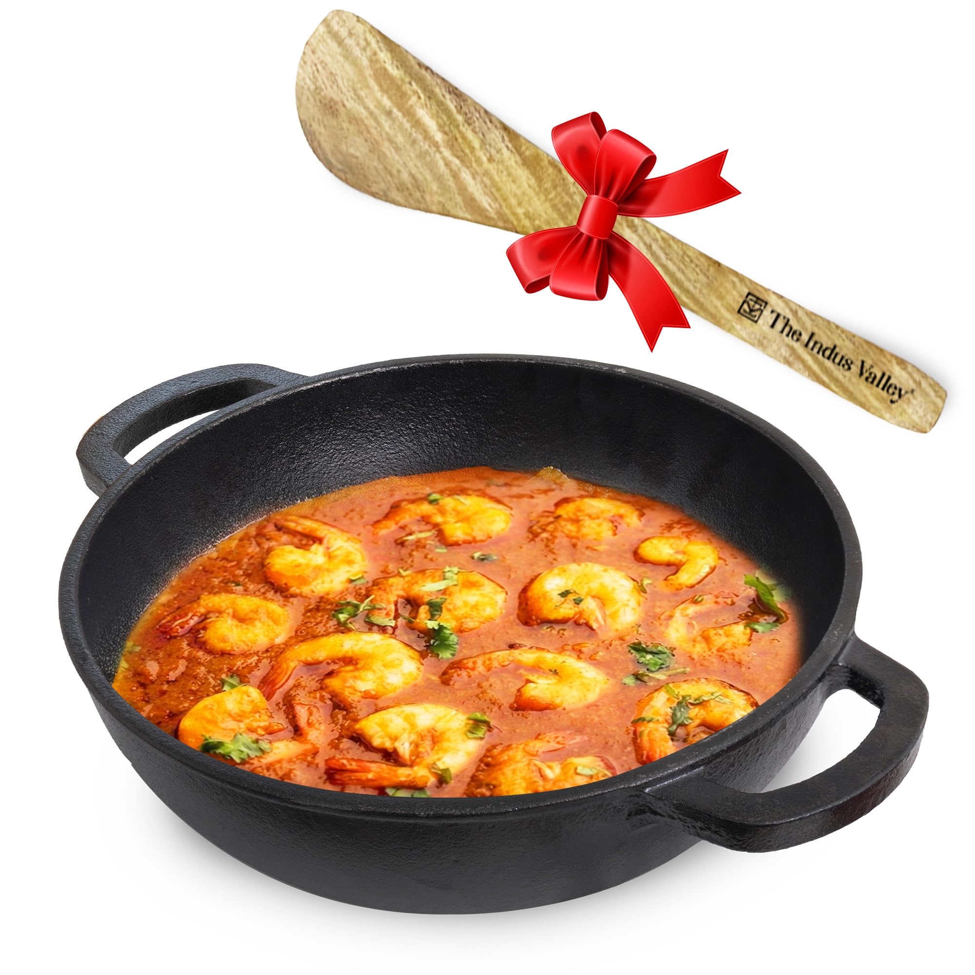 The Indus Valley Pre-Seasoned Cast Iron Kadai with Flat Handles & Free Wooden Spatula | Medium, 25.4 cm/10 inch, 2.3Ltr, 2.5kg | Naturally Nonstick Kadhai, 100% Pure & Toxin-Free, No Chemical Coating