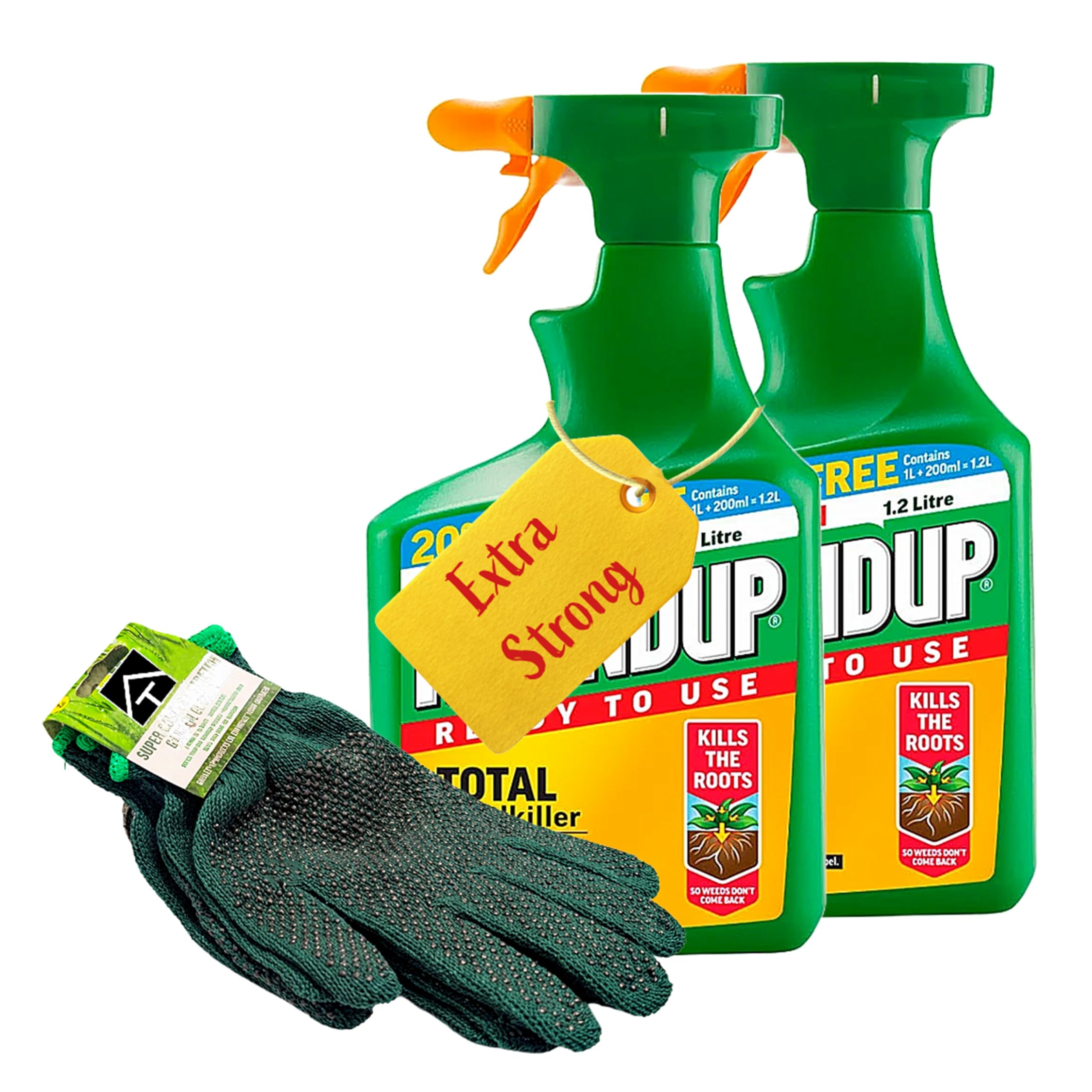 Fast Action Weed Killer & Garden Gloves - Pack of 2 x 1.2L Ready To Use Total Weed Burner Weedkiller with 2 Pairs of Garden Gloves. Weed Killer Extra Strong for Driveways, Paths, Patios
