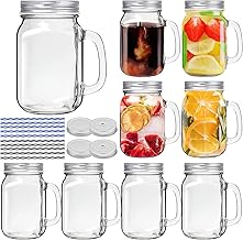 9 Pack Glass Mason Jar with Handle, 16 oz Mason Jar Drinking Glasses Old Fashioned Regular & Glass Mason Jar Mugs with Lids & Straws for Drinks/Canning/Preserving/Meal Prep