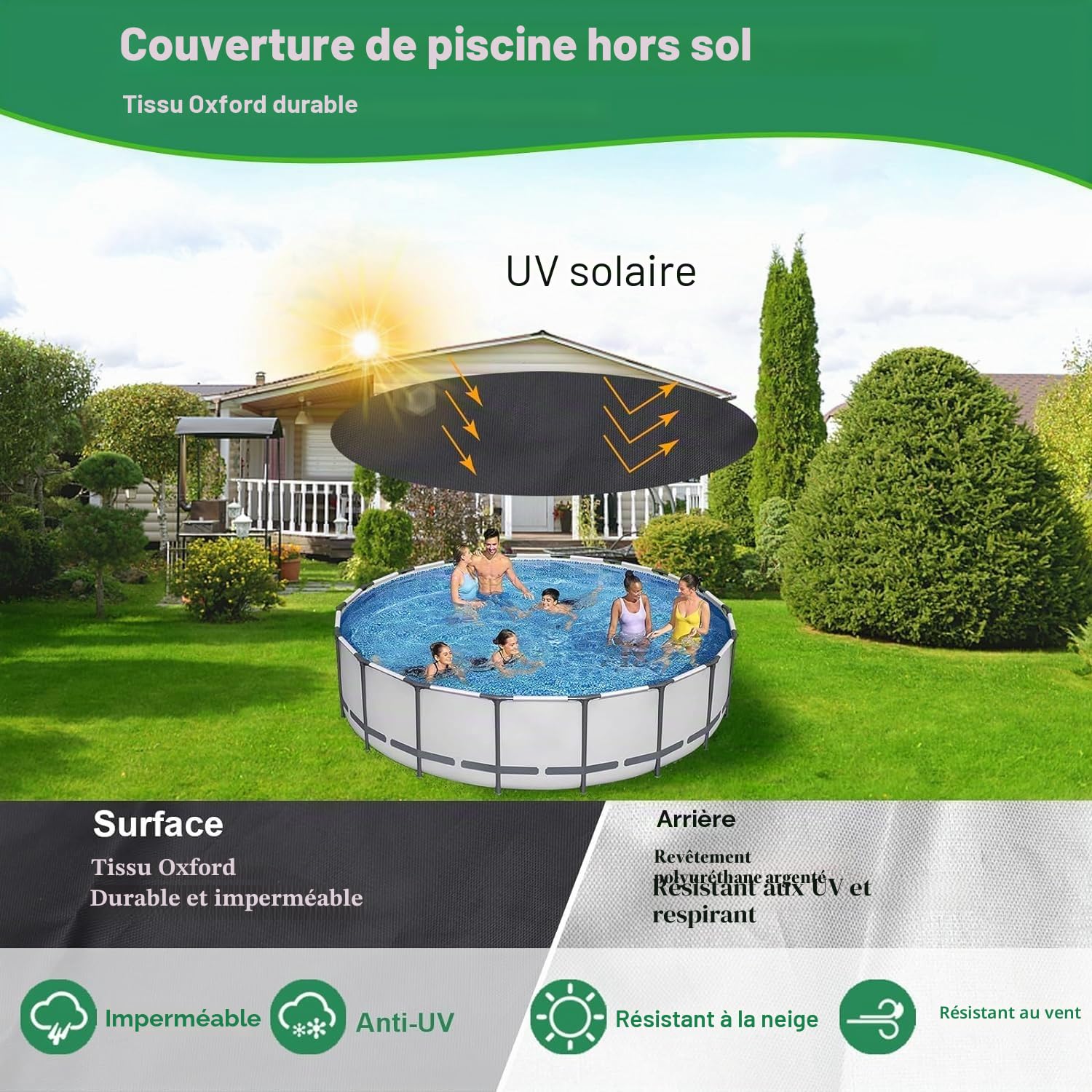 Bache Piscine Ronde 305, 420D Oxford Tissu Bache Hivernage Piscine Hors Sol, BâChe de Piscine Ronde ImperméAble Et IndéChirable