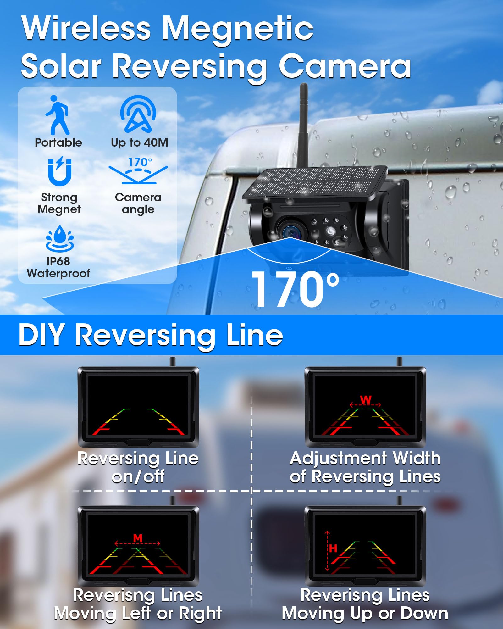 1080P Solar Kabellose Rückfahrkamera - Magnetische WLAN Kamera Mit Nachtsicht Für Auto & Wohnmobil