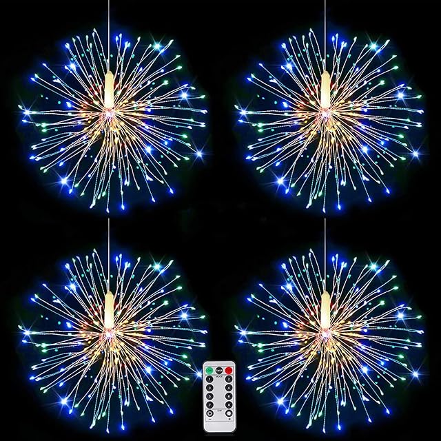 CCILAND 4 Pack Fireworks Lights Multicolour LED - Christmas Starburst Sparkle Fairy String Light USB Powered with Remote, 8 Mode, Timer, Dimmable Copper Wire for Garden Wedding Party Indoor Outdoor