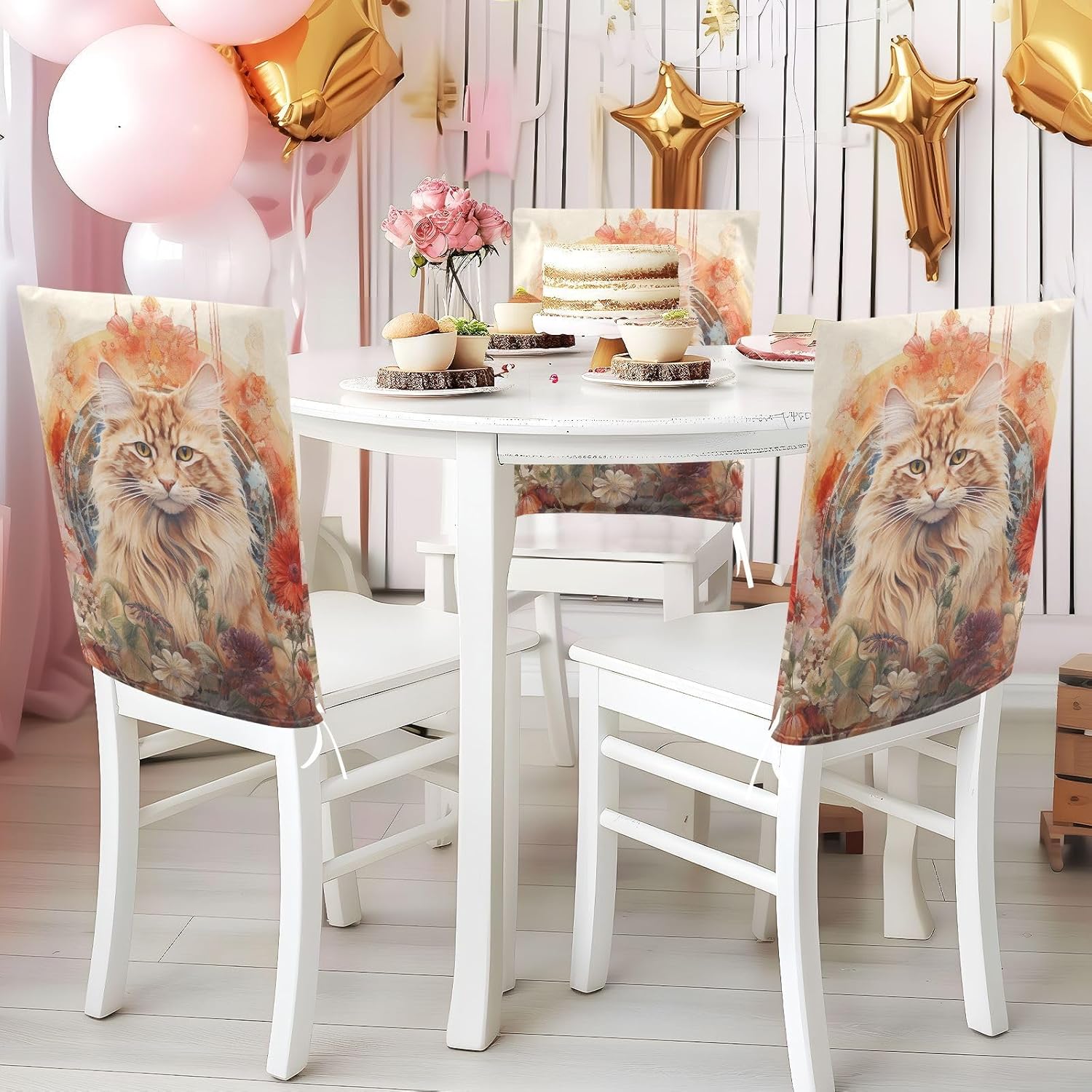 ALAZA Vintage Cats Flower Chair Back Cover Set of 6, Washable Reusable Removable Chair Slipcovers Decorative Chair Cover for Home Kitchen Wedding Party
