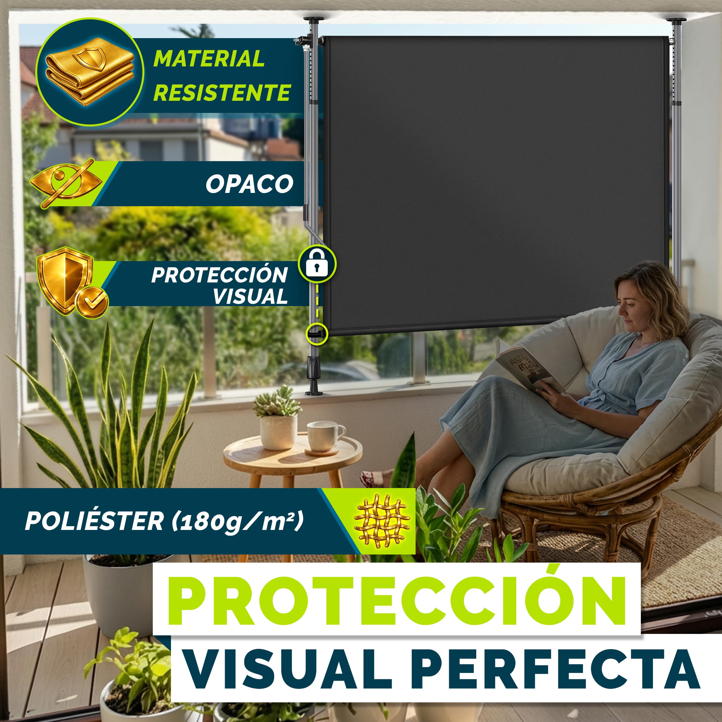 Tillvex® Toldo vertical antracita con manivela, protección visual extensible y opaca, 100 x 310 cm, para balcón, terraza, jardín