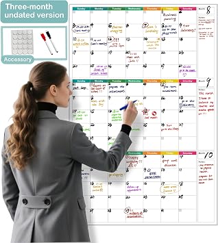 24" x 36" Dry Erase Wall Calendar large - Undated 3-Month Agenda Planner Calendar, Erasable and Reusable Whiteboard, 20 non-mark round double-sided glue, Vertical Layout for Office, Classroom, or Home