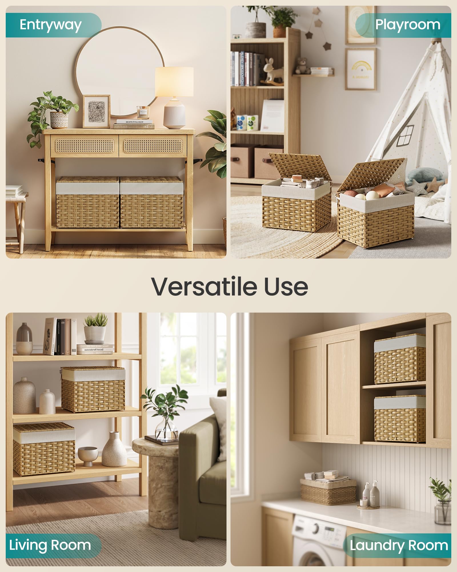SONGMICS Cesta de almacenamiento con tapa, cesta de almacenamiento tejida con asas, plegable, forro extraíble, marco de metal, para dormitorio, lavandería, 35 l, natural