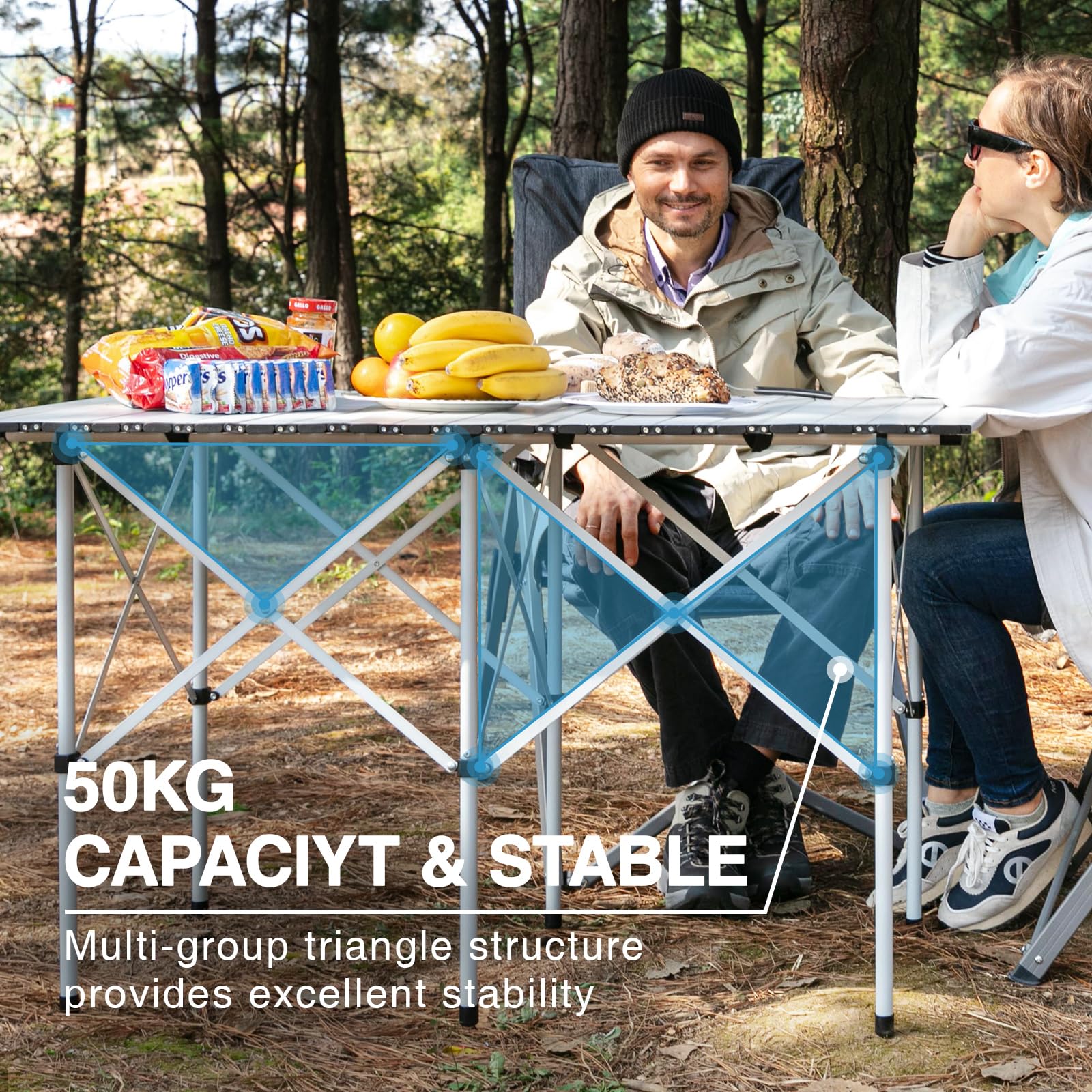 EVER ADVANCED Mesa de Camping Plegable con Tablero de Aluminio 116 x 74 cm para 4-6 Personas, Capacidad Carga de 50 kg, Mesa Plegable con Bolsa de Transporte para Camping, Picnic, jardín