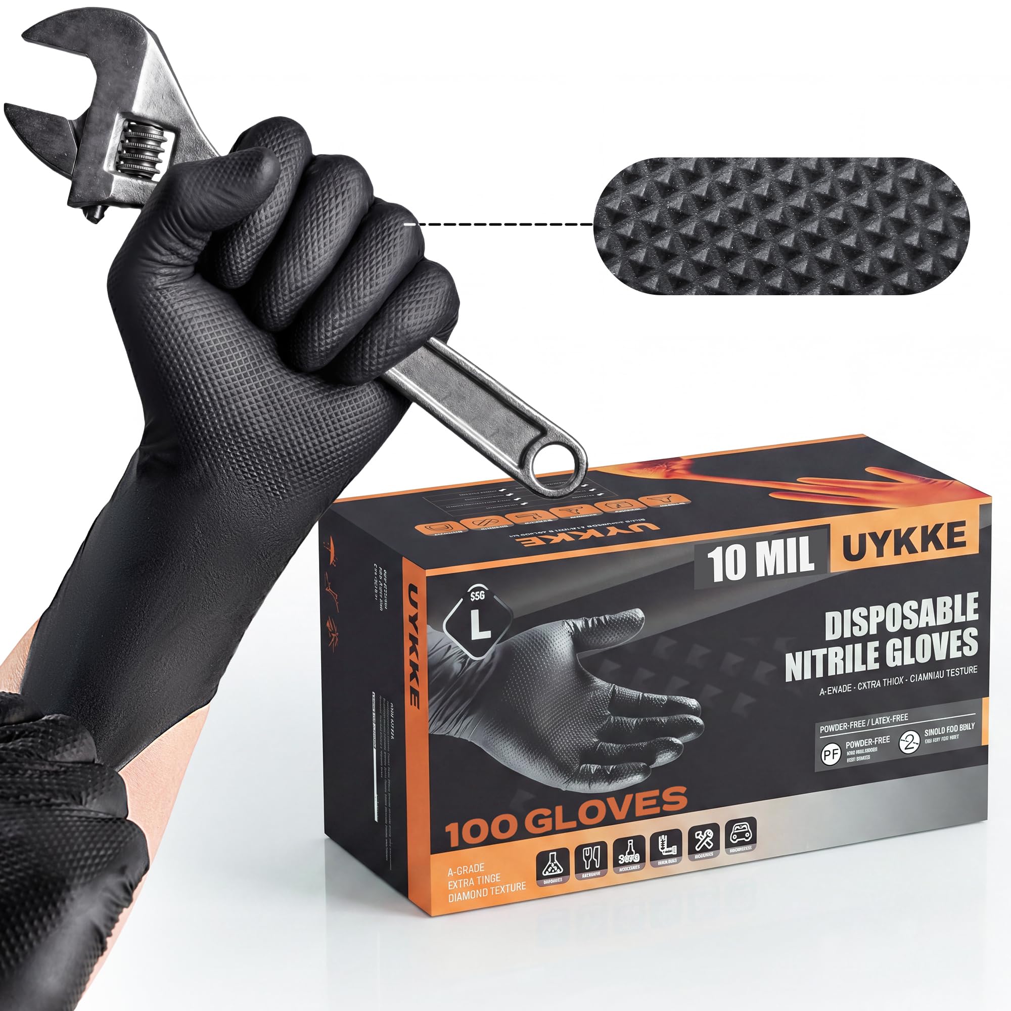 Guanti in nitrile spessi 10 mil, guanti industriali usa e getta con texture a diamante, resistenti, senza lattice (100, L)
