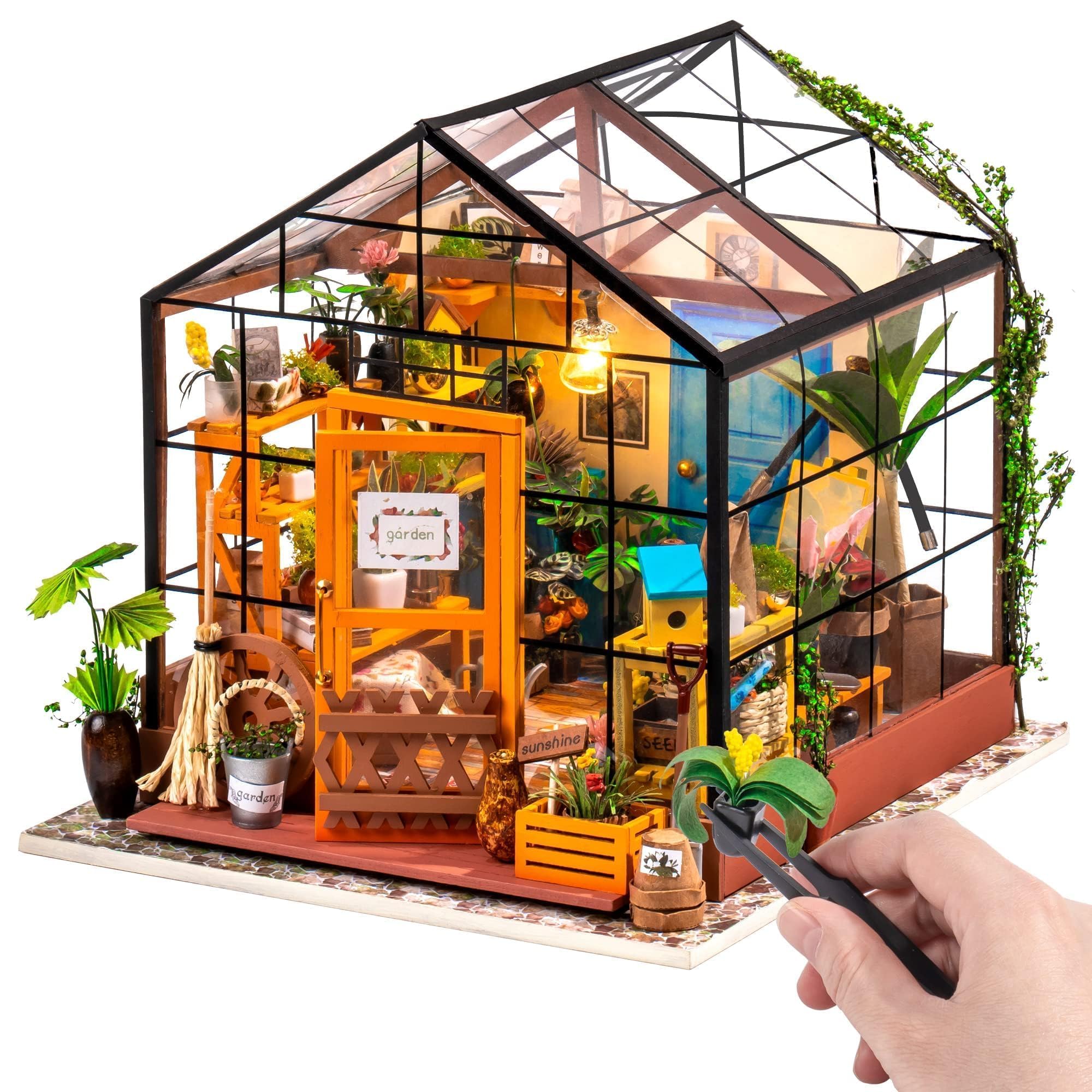 ROWOOD Casa De Muñecas En Miniatura Invernadero con Luz | DIY Miniature House Maquetas para Montar Manualidades De Madera | Regalos De para Adultos, Mujeres, Niñas (Cathy's Flower House)