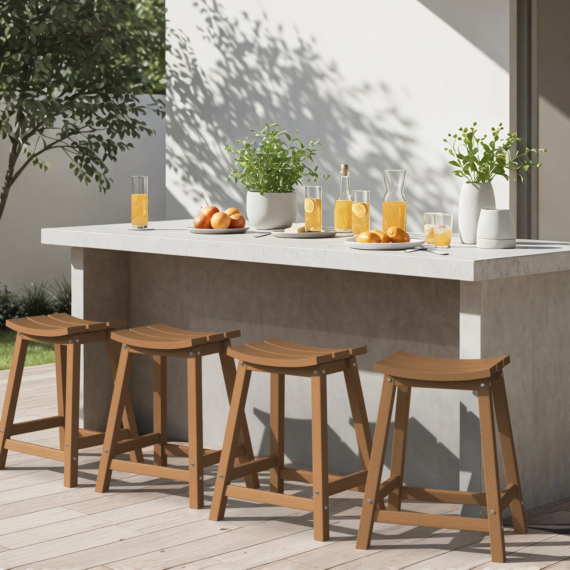 Ciokea 24" Outdoor Counter Height Bar Stools Set of 4, HDPE, Teak