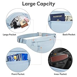 Frenou Large Waist Bag With 4-Zipper Pockets-Fanny Pack For Women And Man-Crossbody Belt Bag With Adjustable Strap For Travel Running Hiking Walking Workout Light Blue
