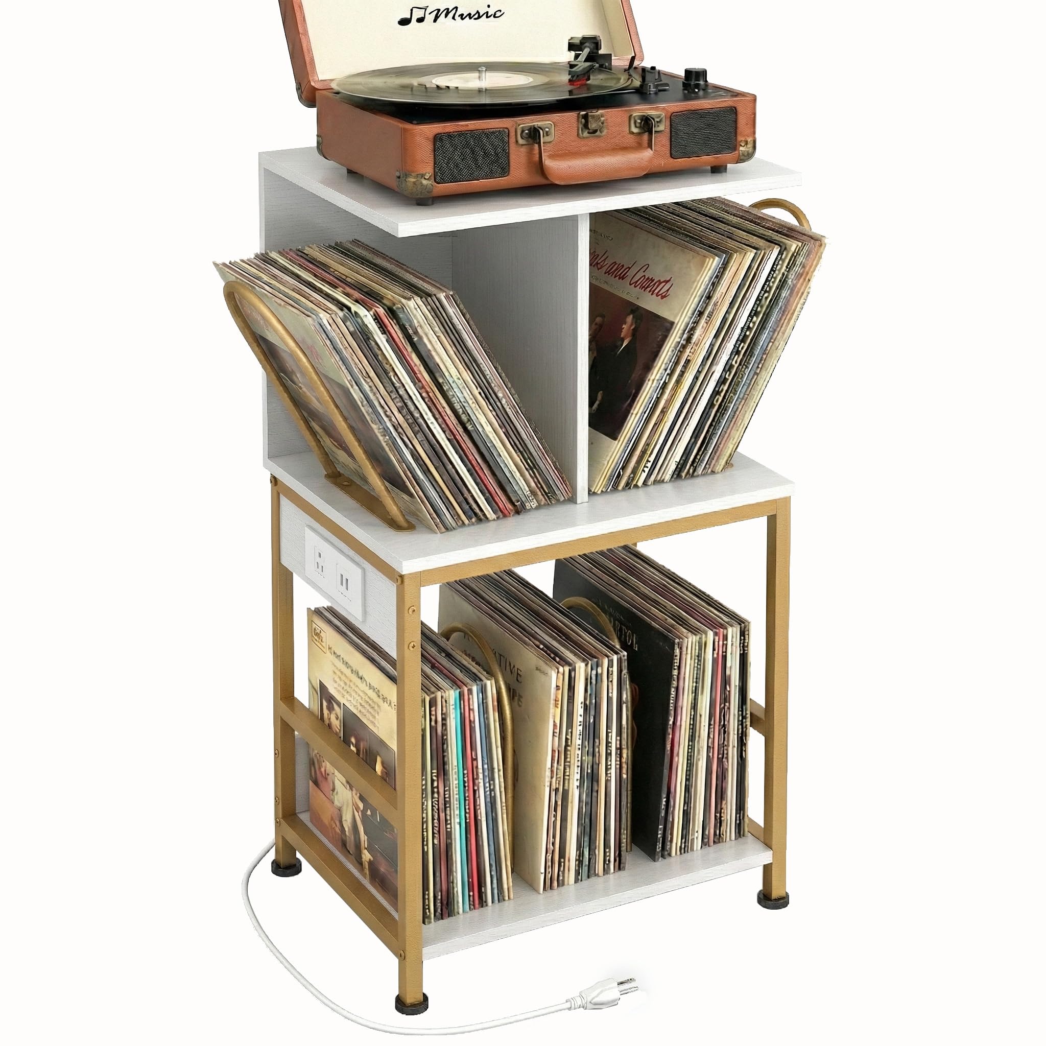 ZEXVIDA Record Player Stand with Vinyl Storage Charging Station,Large,White | Holds 180 Albums, Charging Station, Multi-Functional Side Table & Shelf, For Living Room Bedroom
