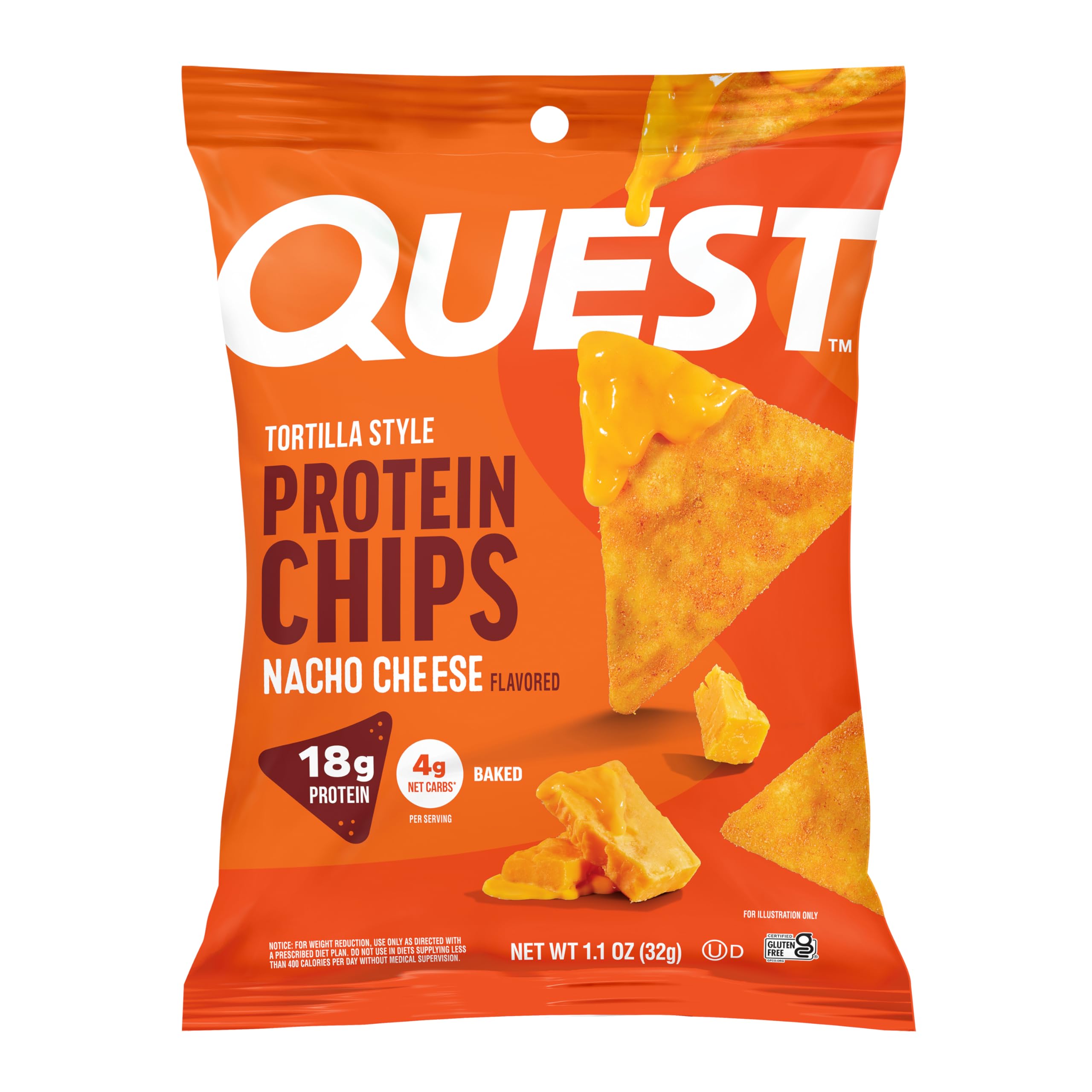 Quest Nutrition Nacho Cheese Tortilla Style Protein Chips, 18g Protein, 4g Net Carb, Gluten Free, 1.1 oz (Pack of 12)