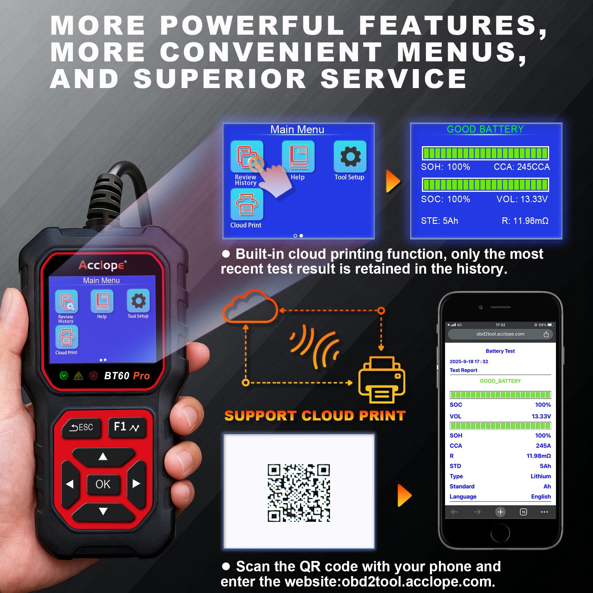 BT60 Pro Tester Digitale per Batterie Auto, CCA 100-3000, Analizzatore 6V 12V 24V, Sistema di Diagnostica Alternatore per Auto, Moto, Camion, Compatibile con AGM, Litio, Gel