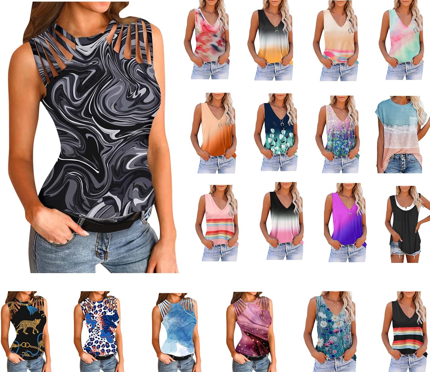Bmisegm Women's Casual T-Shirt,Hollow Printed Vest,Summer Fashion Loose V-Neck Short Sleeves