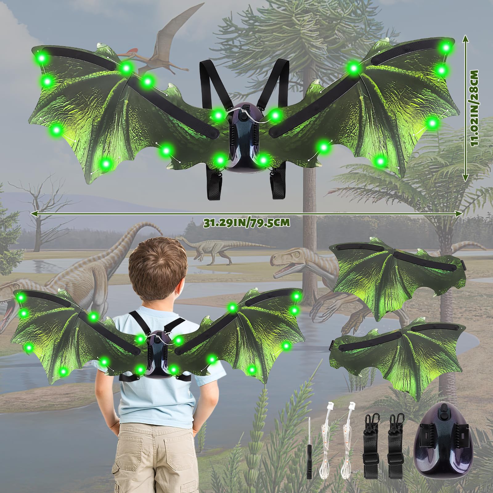 Alaoo Ailes lumineuses, ailes de dinosaure avec lumière LED et musique, ailes électriques avec lumières LED, meubles, ailes de dinosaure pour enfants et adultes, cadeau pour cosplay Noël Halloween