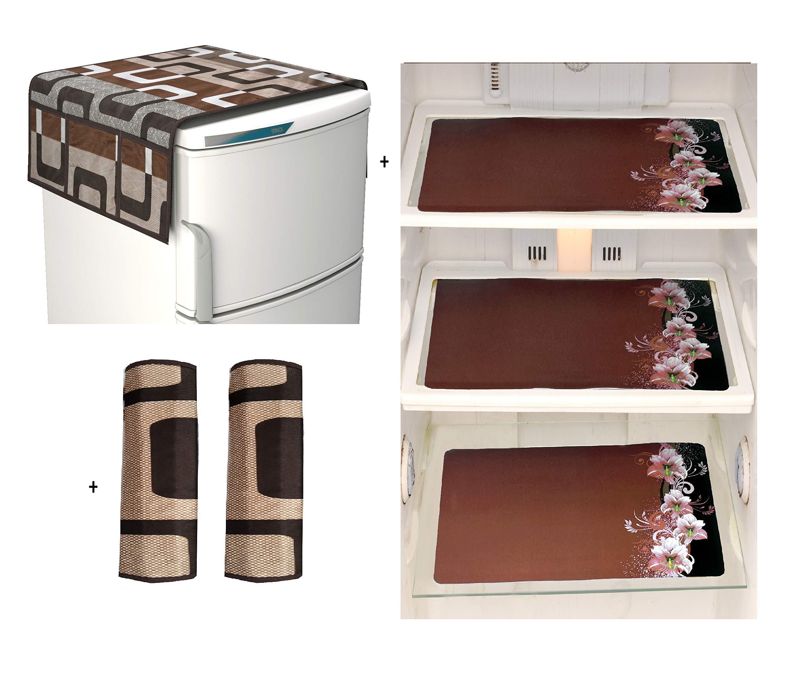 Factcore Combo of Designer Refrigerator Cover(Brown Box), 2 Handle Cover (Brown Box) and 3 Fridge Mats (Printed Brown) Standard Size; -Set of 6 Pieces