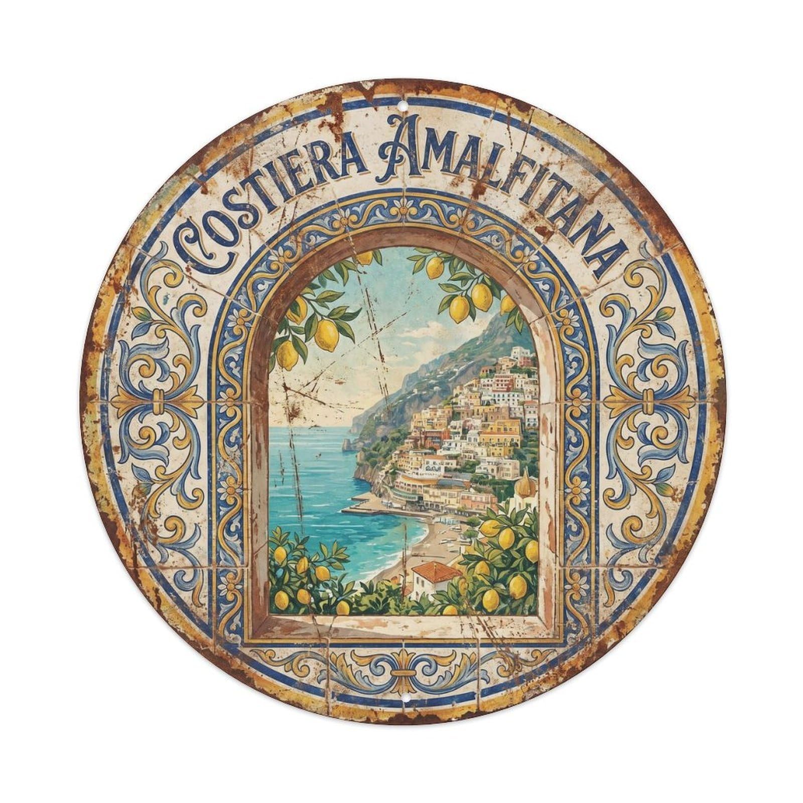 Retro Amalfi Ceramic Tile Heritage Coastal Village Destination Metal Tin Sign Plaque Wall Decor for Cafe, Man Cave, Club Bar, Office, Home Garden Round Metal Poster 8x8Inch