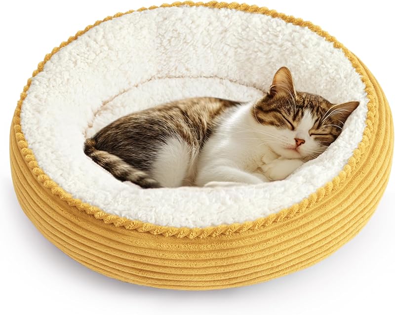 Cama Redonda para Gatos e Cães Pequenos Love's cabin com Laterais Elevadas, Tecido Macio e Base Antiderrapante Amarela Listrada