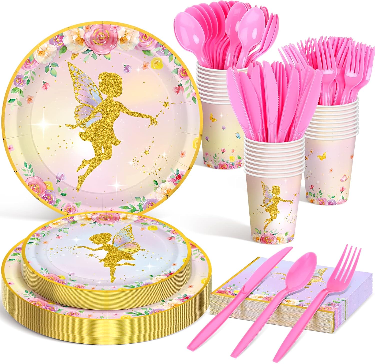 Serves 24 Guests Fairy Plates and Napkins Fairy Birthday Party Decorations Floral Fairy Theme