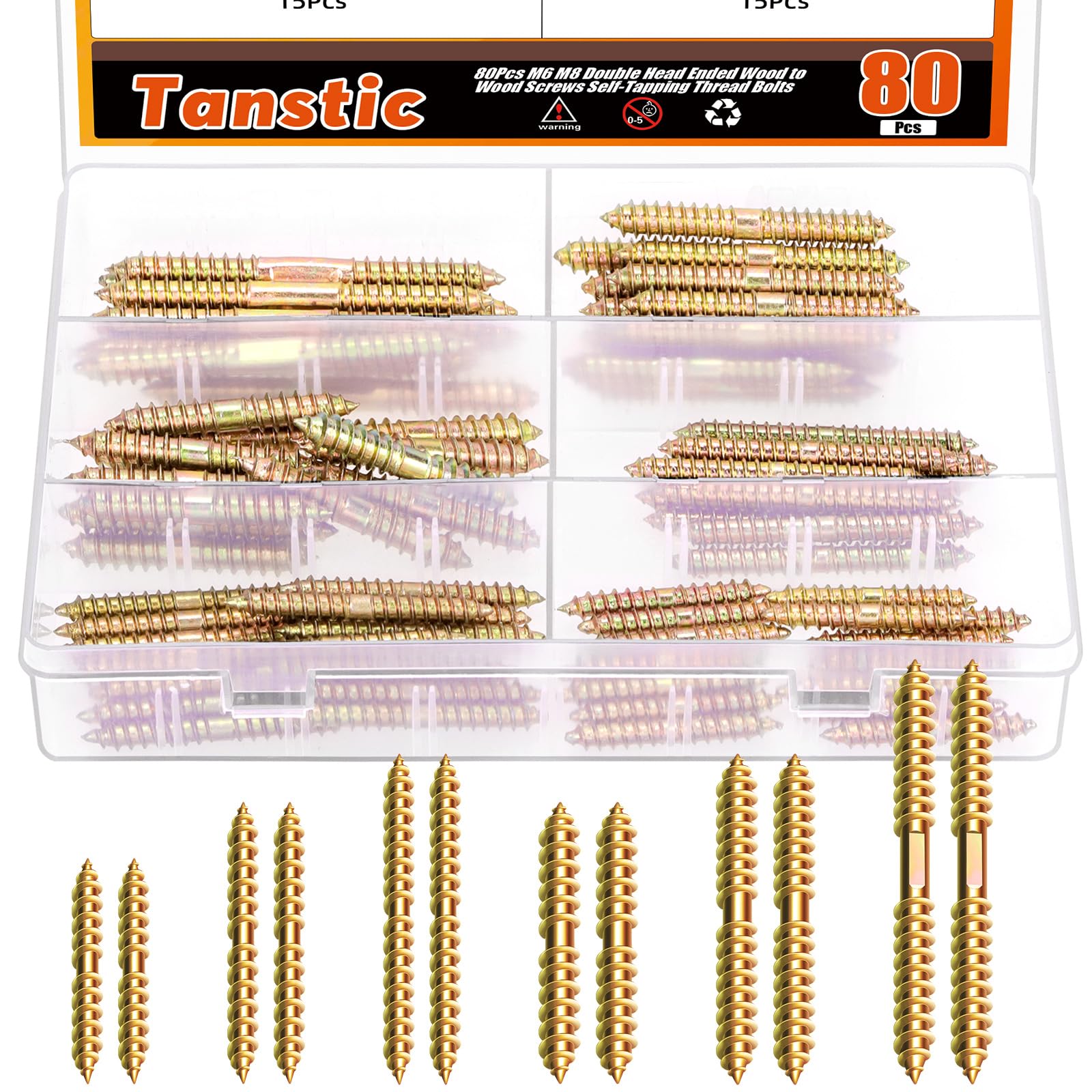 Tanstic 80Pcs M6 M8 Stockschrauben Double Ended Bolzen selbstschneidende Schraube Holz Dübel Schraube für Holzmöbel (Farbe Zink)