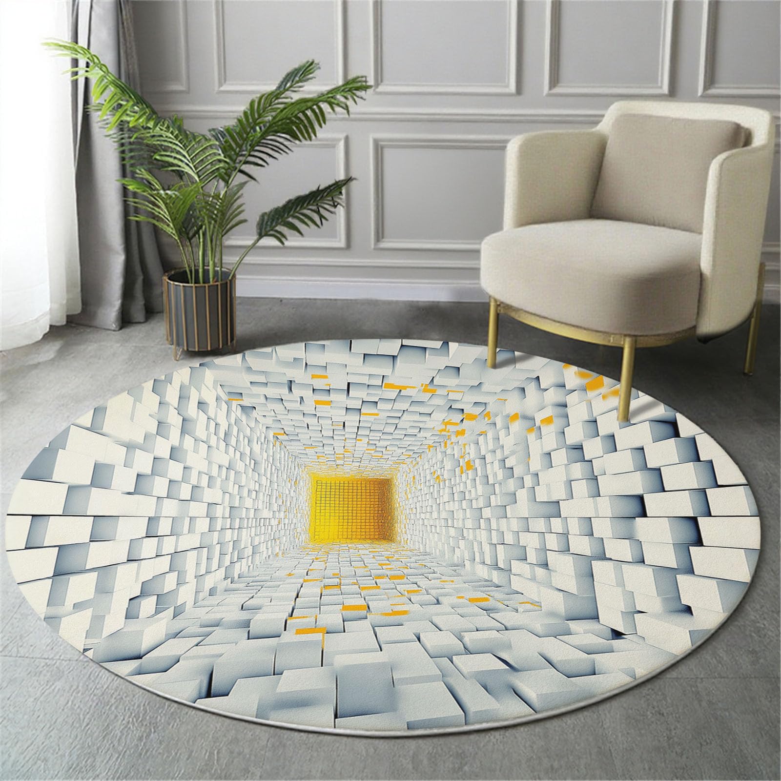 Tapis rond géométrique 120cm effet tunnel 3D cube noir et blanc antidérapant