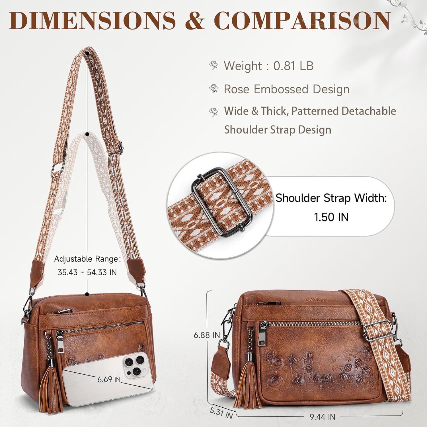 MEITRUE Rose Embossed Crossbody Bag for Women, Trendy Lightweight Shoulder Purse for Travel Daily Casual - Image 3