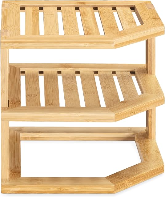 Navaris Bamboo Corner Shelf - Kitchen or Bathroom Corner Shelf Organiser - 24cm High 3 Tier Shelf for Plate Storage, Cupboard, Countertop, Cabinet