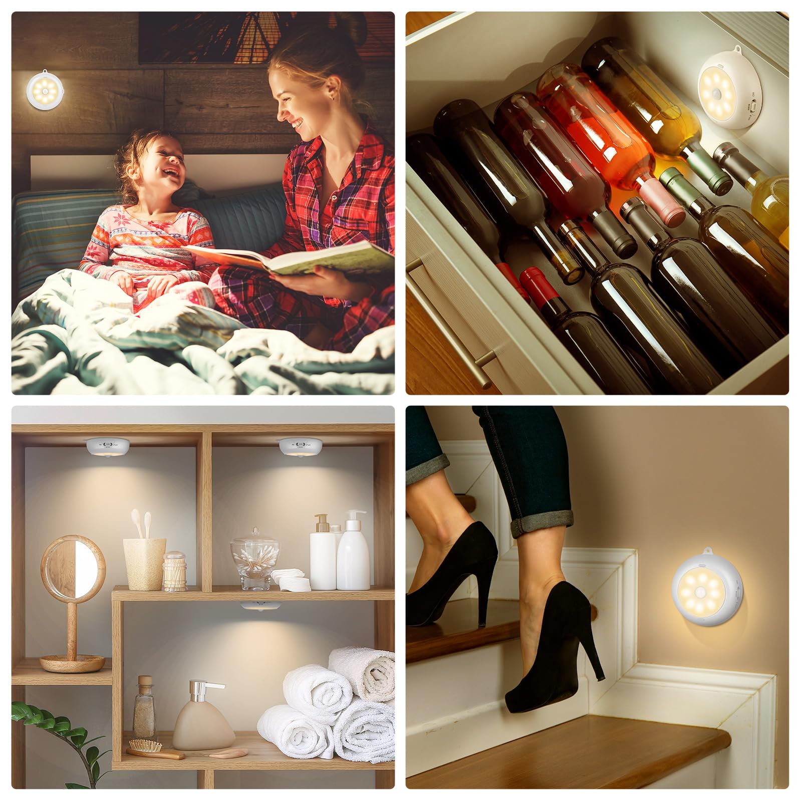 Reoshine Iluminación para debajo del gabinete, luces LED de disco que funcionan con pilas AA, luces de armario con sensor de movimiento para cocina, estante, regulable y magnética, 3000 K blanco