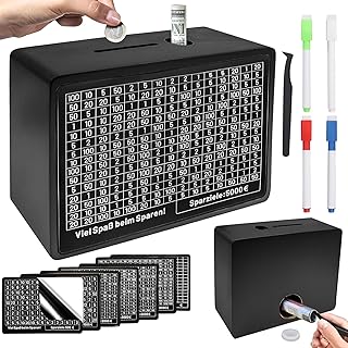 Spardose Holz, Sparbox mit Zahlen Ankreuzen, €500 €1,000 €2,000 €3,000 €5,000 €1,0000 Wiederverwendbar spardose, Geeignet für Kinder und Erwachsene Keine, Montage erforderlich (Schwarz)