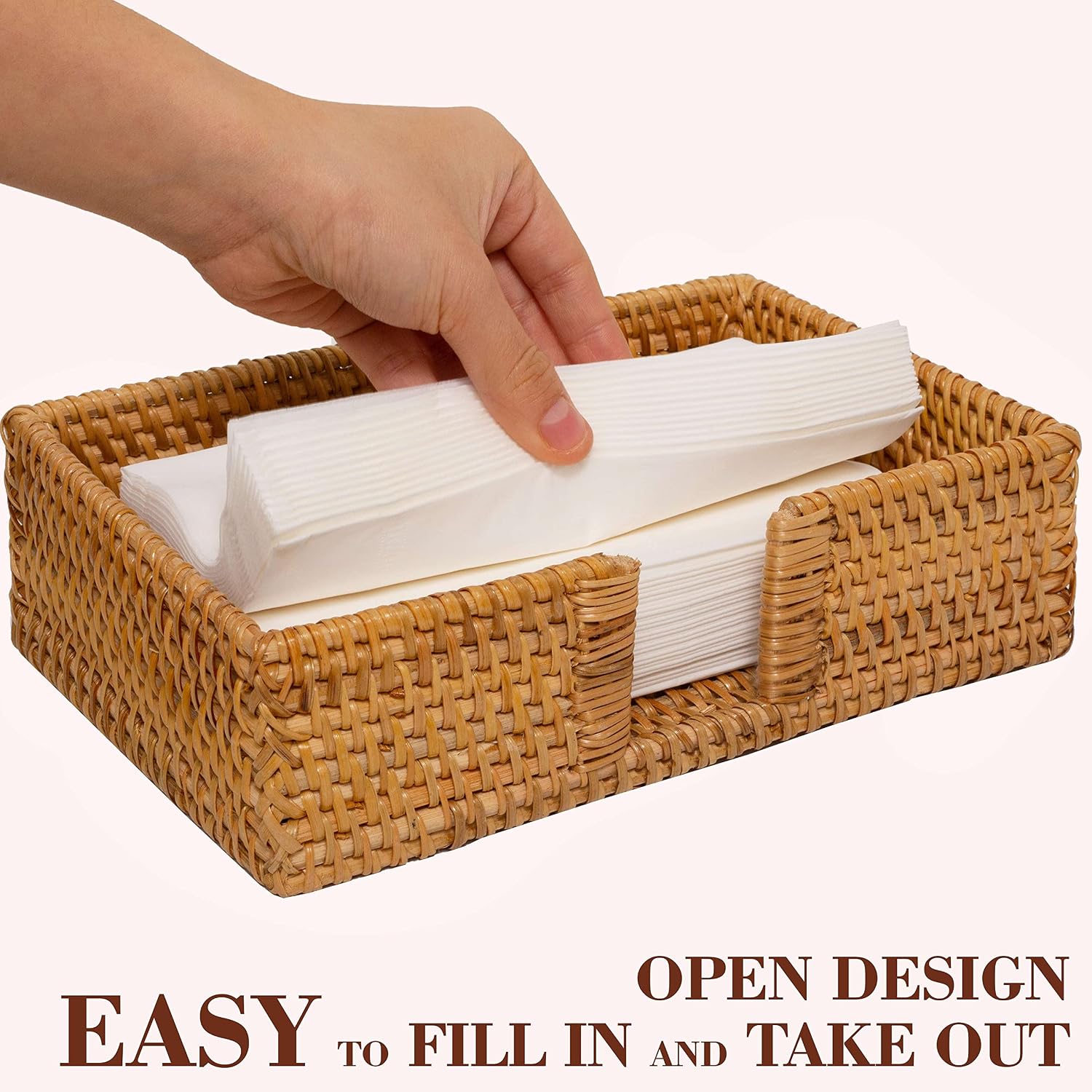 Rattan Guest Towel Holder For Bathroom Towel Caddy Rectangular Napkin Tray Wicker Toilet Tank Basket 9.4 x 5.9 x 2.4 in Tissue Paper Hand Towels Storage Luncheon Kitchen Countertop (Honey Brown)