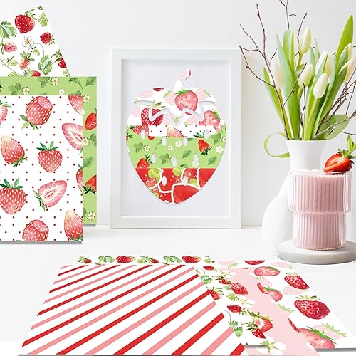 Miniatura 7 de Papel de recortes a cuadros a rayas de fresa, 24 hojas de 12 x 12 pulgadas, impresión de doble cara, bloc de papel decorativo para hacer tarjetas,