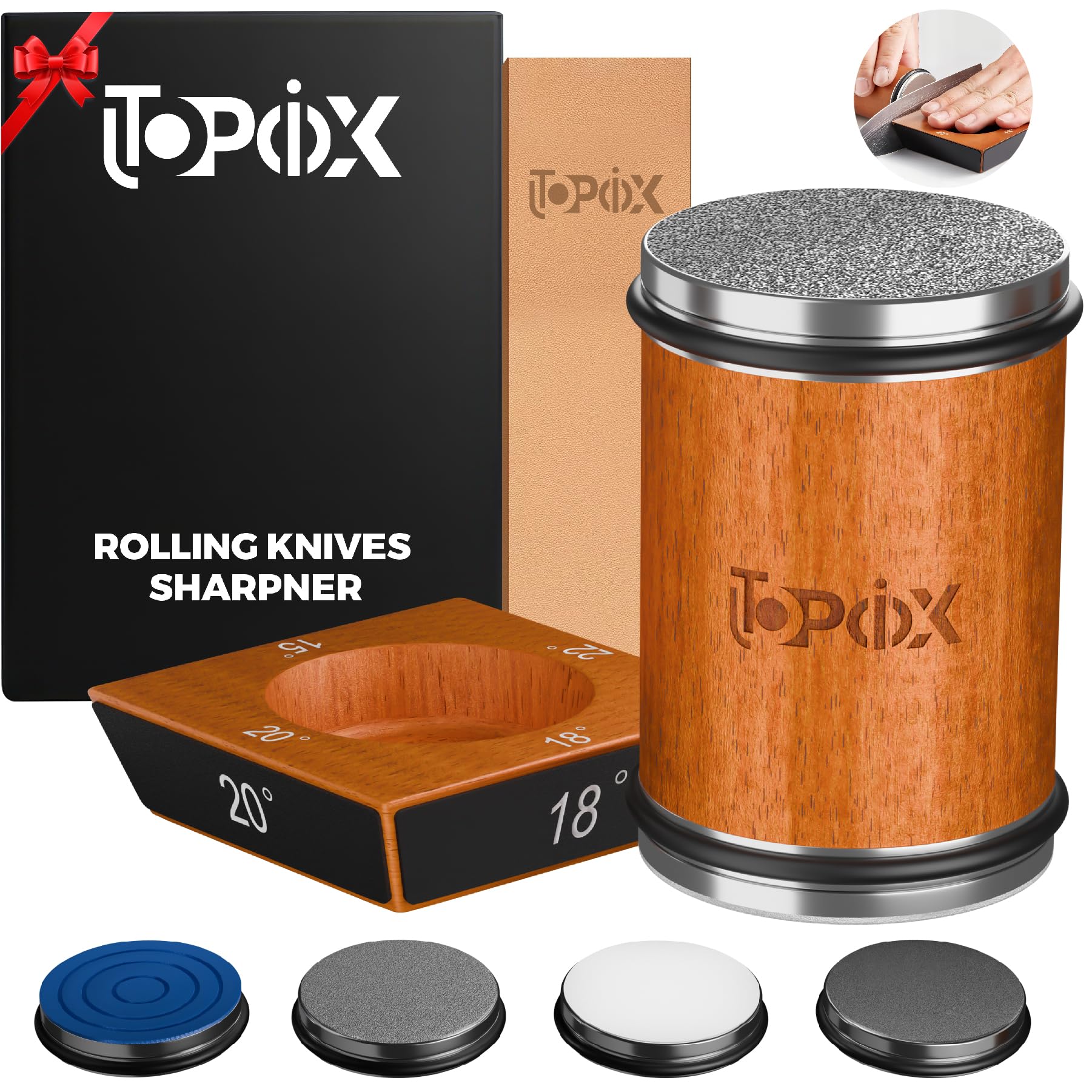 UTOPIOX Rolling Knife Sharpener Kit – 4 Angles (15°,18°,20°,22°) – Includes Diamond, Ceramic & Honing Discs with Leather Strop – Ideal for Home Cooks & Professional Chefs