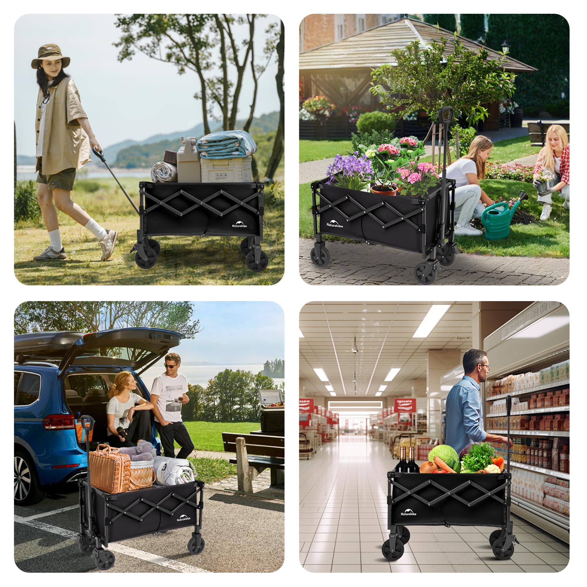 Naturehike Carrello da giardino pieghevole, carrello porta attrezzi da spiaggia adatto a tutti i terreni, con pneumatici larghi girevoli a 360 gradi, portata 120 kg, adatto per campeggio, parco picnic