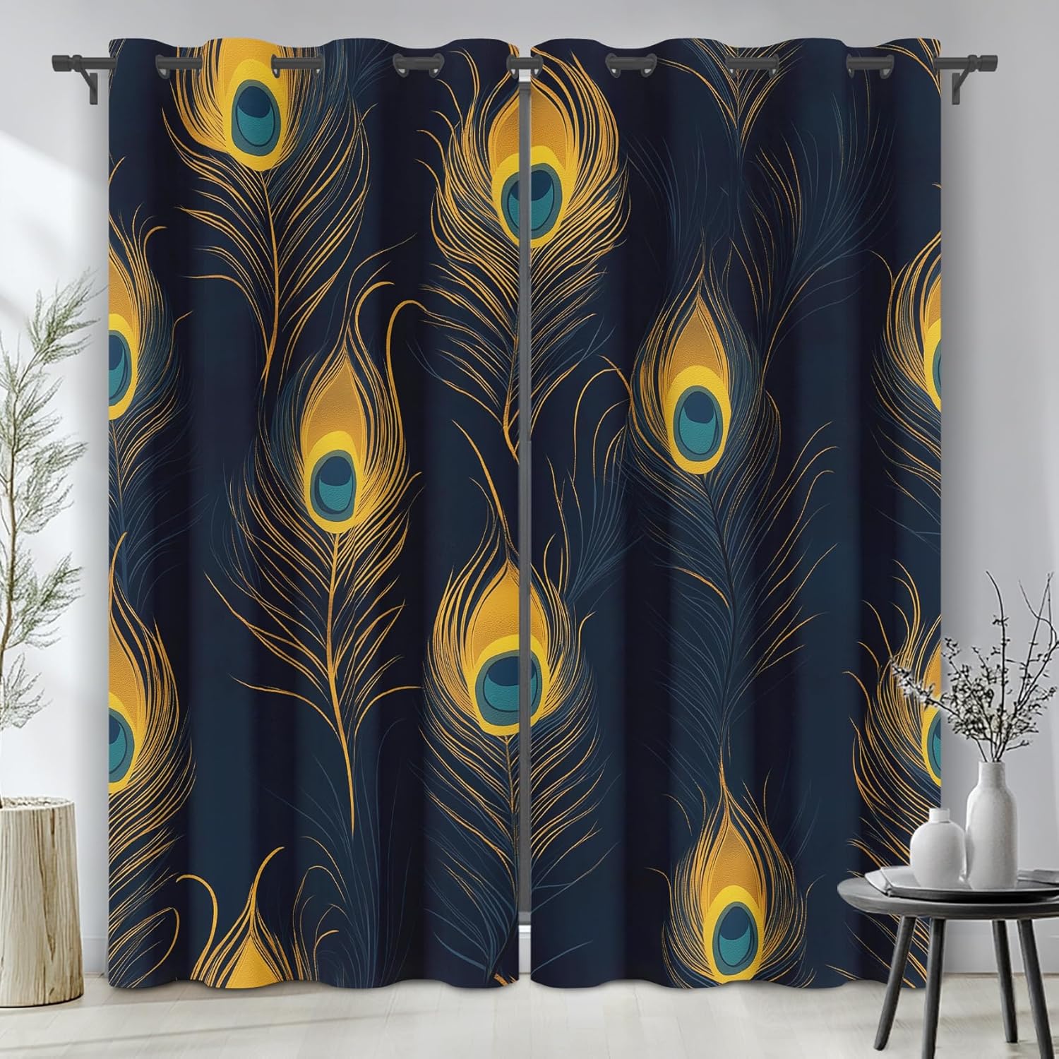 Peacock Feather Curtains for Living Room, Yellow Peacock Feather Blackout Curtains 108 Inch Long 2 Panels, wild animal Drapes for Bedroom, Thermal Insulated Grommet Home Decor Window Curtains