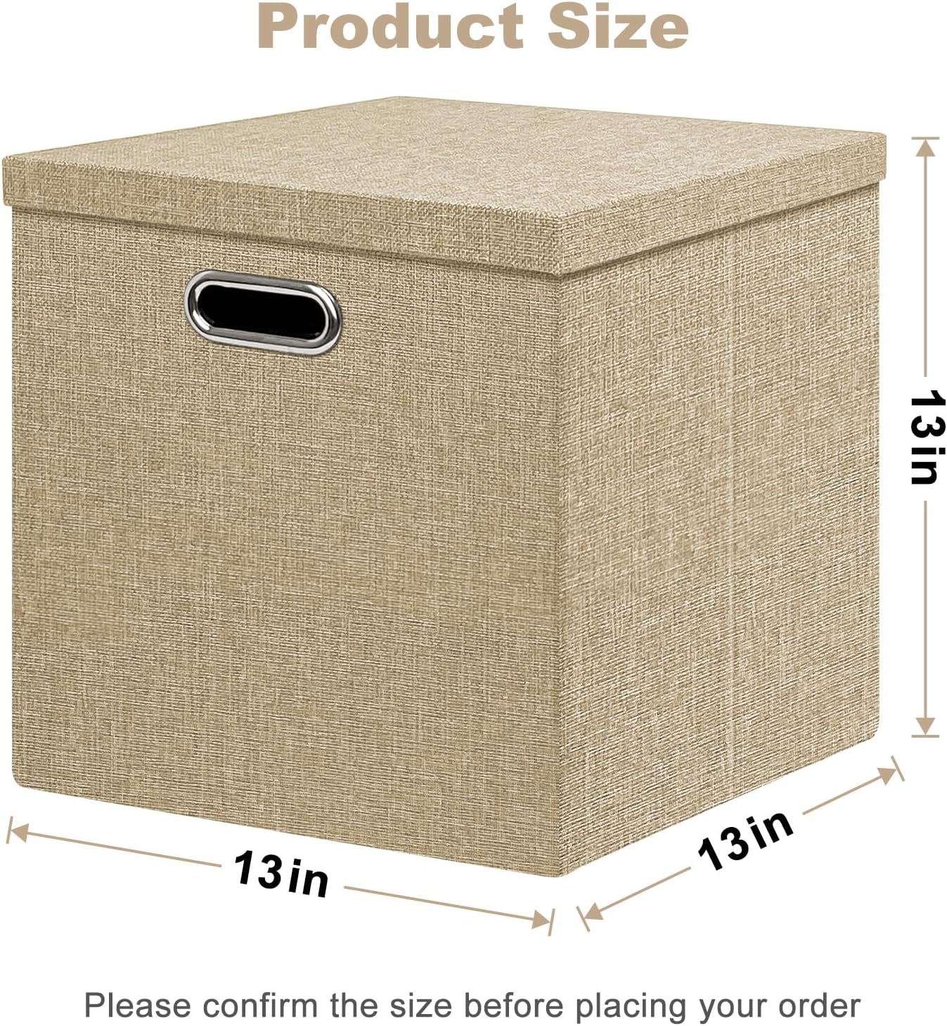 Linen Storage Bins with Lids,13 x 13 Inch Foldable Fabric Cube Baskets Boxes Organizer for Closet, Shelves, and Home. (Khaki, (13x13) 3 pack)