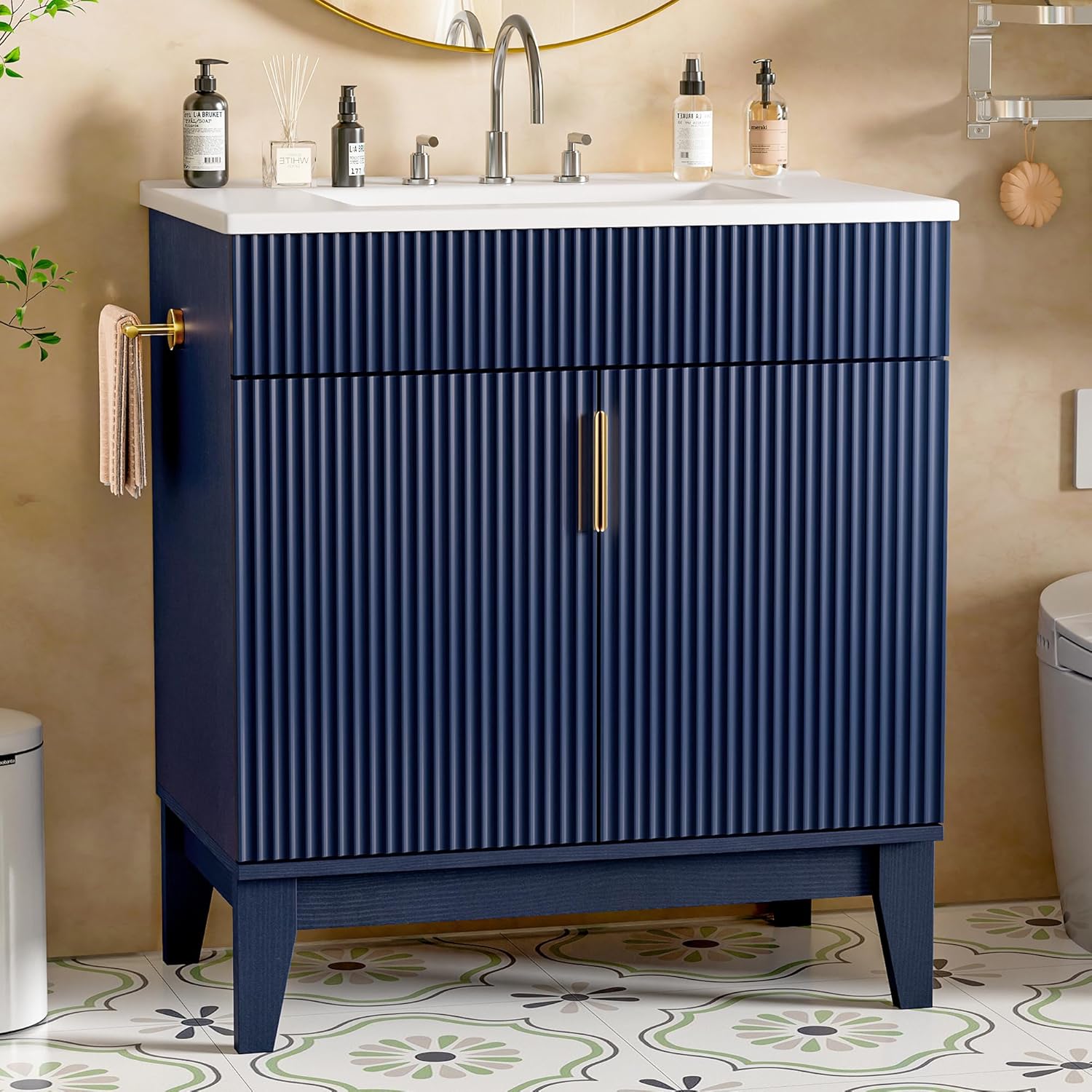 WelFurGeer Bathroom Vanity with Sink, Fluted Undermount Vanity Sink Cabinet with 2 Doors & Shelf, Bathroom Storage Cabinet with Ceramic Basin, 30inch, Blue