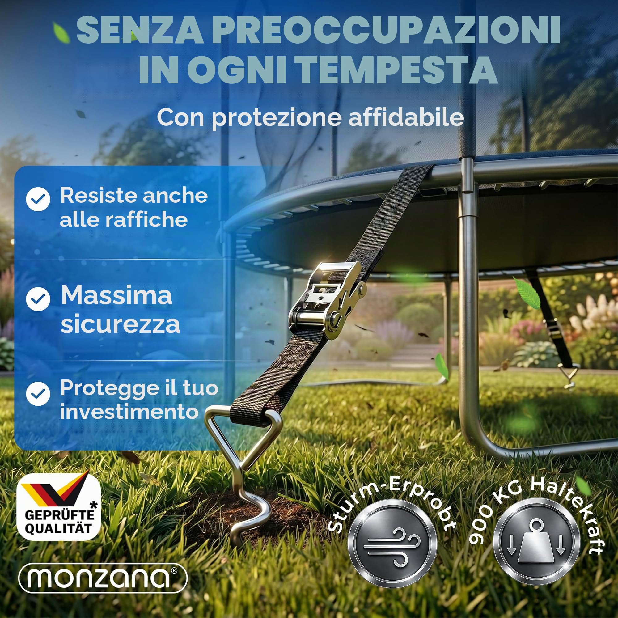 Monzana 4 Picchetti a Vite Ancoraggio a Terra 42,5cm 5 Spirali 900kg Cinghie Regolabili Acciaio Inox