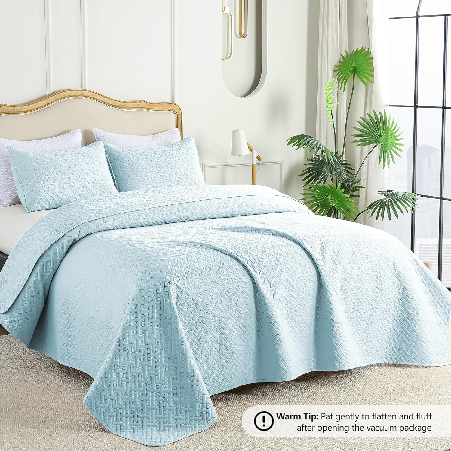 (Silky white color)  FLYMME Quilts King Size, Lightweight Sky Blue Bedspreads, Basket Weave Pattern,Ultra Soft Microfiber Bed Coverlet 3 Pieces for All-Seasons (1 Quilt, 2 Shams) Sky Blue King/Cal(96\"x110\")