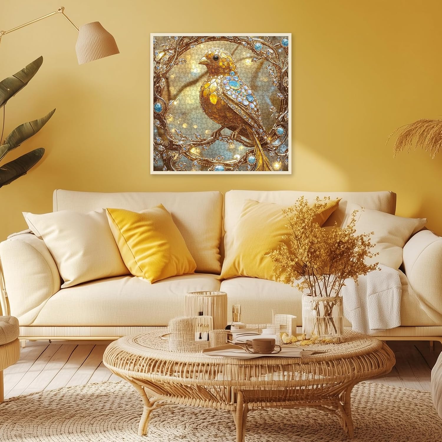 Bird Gem Jewel Puzzle 1000 Pieces for Adults, Canary Diamond Tree Colorful Jigsaw Puzzle, Golden Vintage Animal Art Puzzles