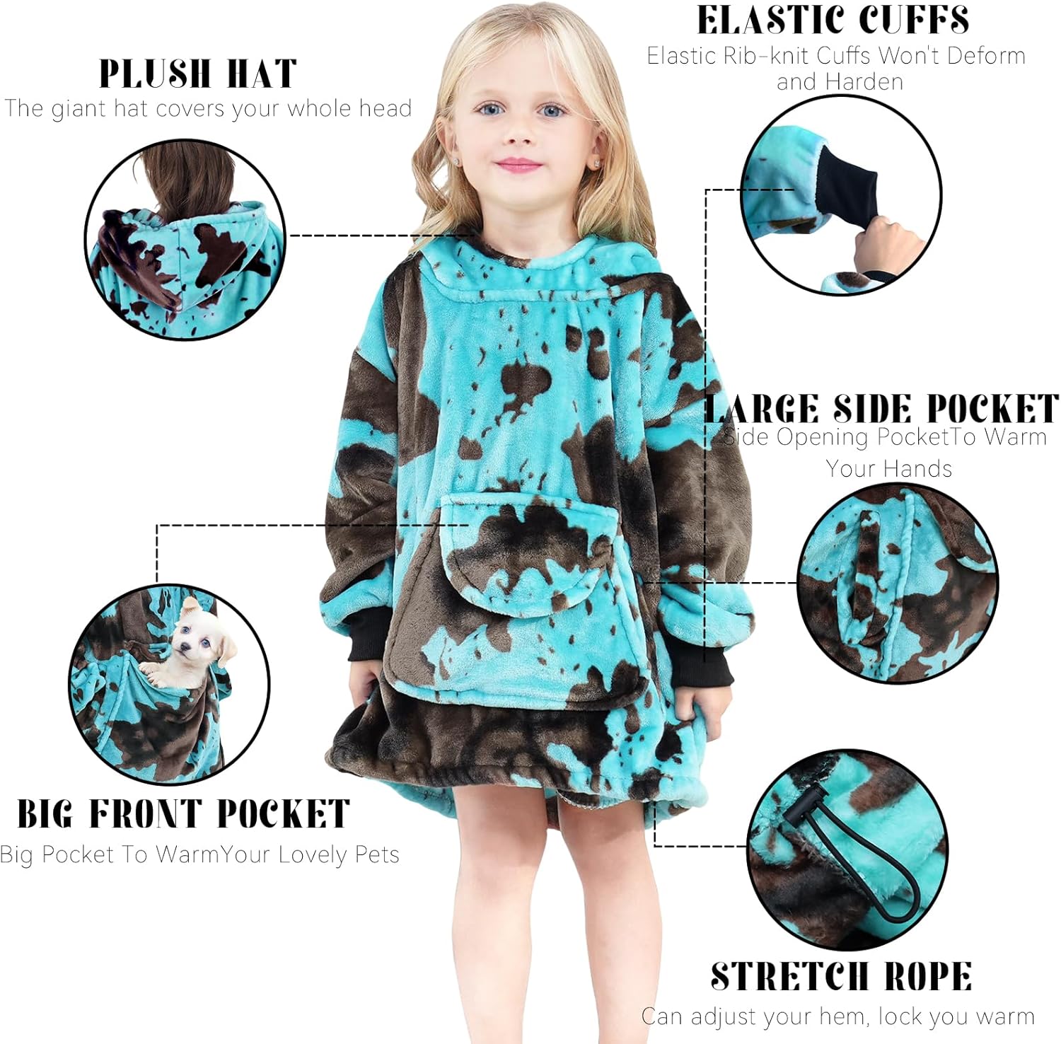 cow print Turquoise Wearable Blanket Hoodies for Kids Gifts for 2-5 Year Old Boys Girls, Soft Fleece Teal Blue Sweatshirt Blanket with Pocket - Image 3