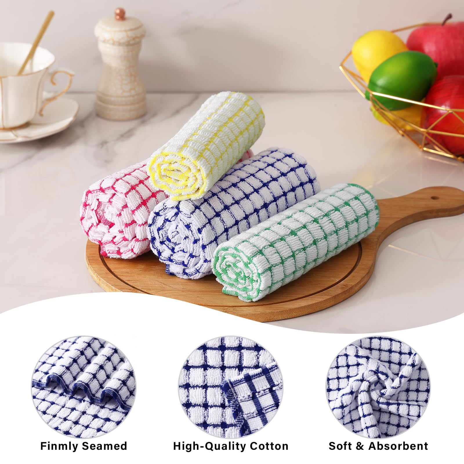 Homaxy Küchentücher und Geschirrtücher, 40,6 x 63,5 cm und 30,5 x 30,5 cm, Set mit 16 Baumwoll-Frottee-Geschirrtüchern, superweiche und saugfähige Geschirrtücher, Blau/Gelb/Rot/Grün