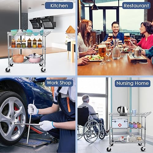 Miniatura 7 de WDT Carrito de servicio pesado de 3 niveles, 990 libras de capacidad de alambre con ruedas, carrito de servicio de grado comercial con