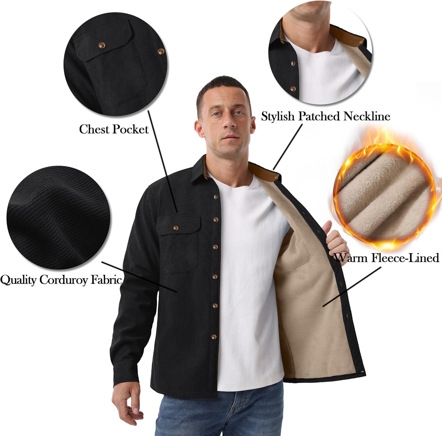 Askdeer Men's Casual Shirts Fleece Corduroy Button Down Shirts Chunky Warm Long Sleeve Jacket with Flap Pockets